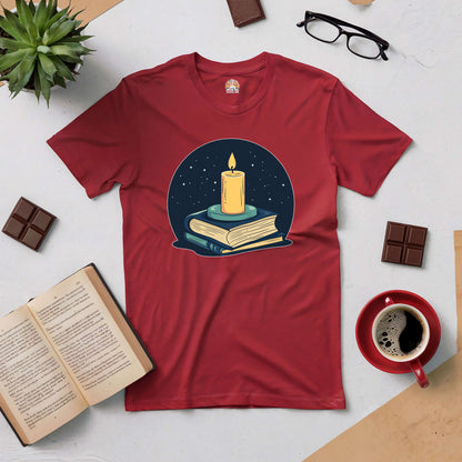 Red t-shirt featuring a candle on stacked books design, ideal for book lovers who cherish reading and knowledge.