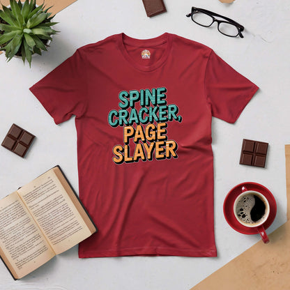 Red Page Slayer Tee for fearless readers alongside books, chocolate, and coffee. Perfect for passionate book lovers.