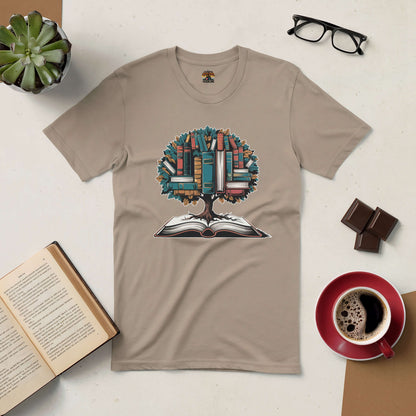 "Tree of Knowledge tee with book tree design, perfect for lifelong learners and book lovers, displayed with coffee and books."