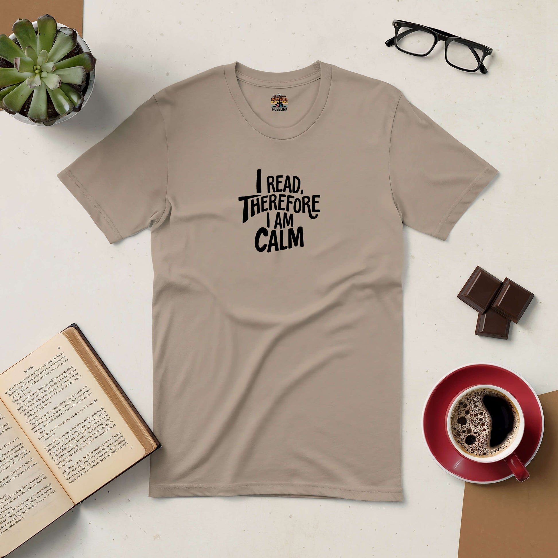 "I Read, Therefore I Am Calm Tee with books, coffee, and glasses for serene readers who find peace in reading"