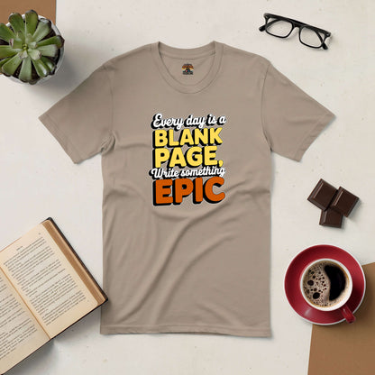 Inspirational beige tee with "Every Day is a Blank Page, Write Something Epic" message, surrounded by coffee, glasses, and books.