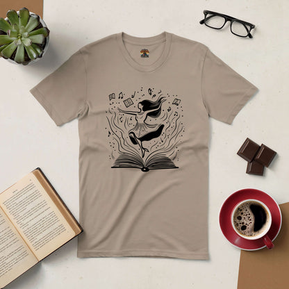 Dance Through the Pages Tee featuring book and dancer design, perfect for book lovers.