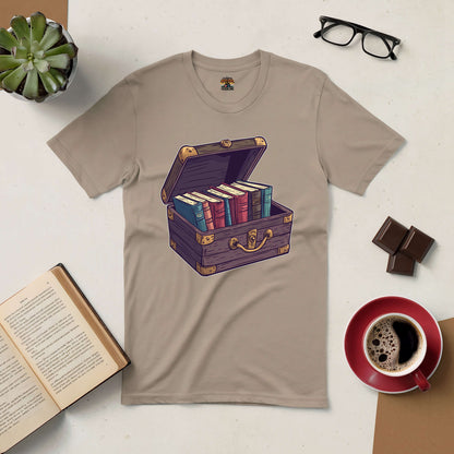 "Priceless Treasure Tee with book-filled treasure chest design for book lovers"