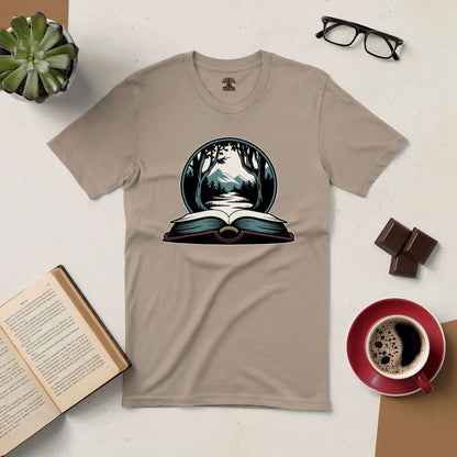 Whispers Of The Wild Tee featuring a wilderness design with an open book, surrounded by coffee, glasses, and reading materials.