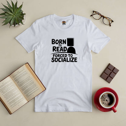 "Born to Read, Forced to Socialize tee with open book and coffee, ideal for introverts who love reading"