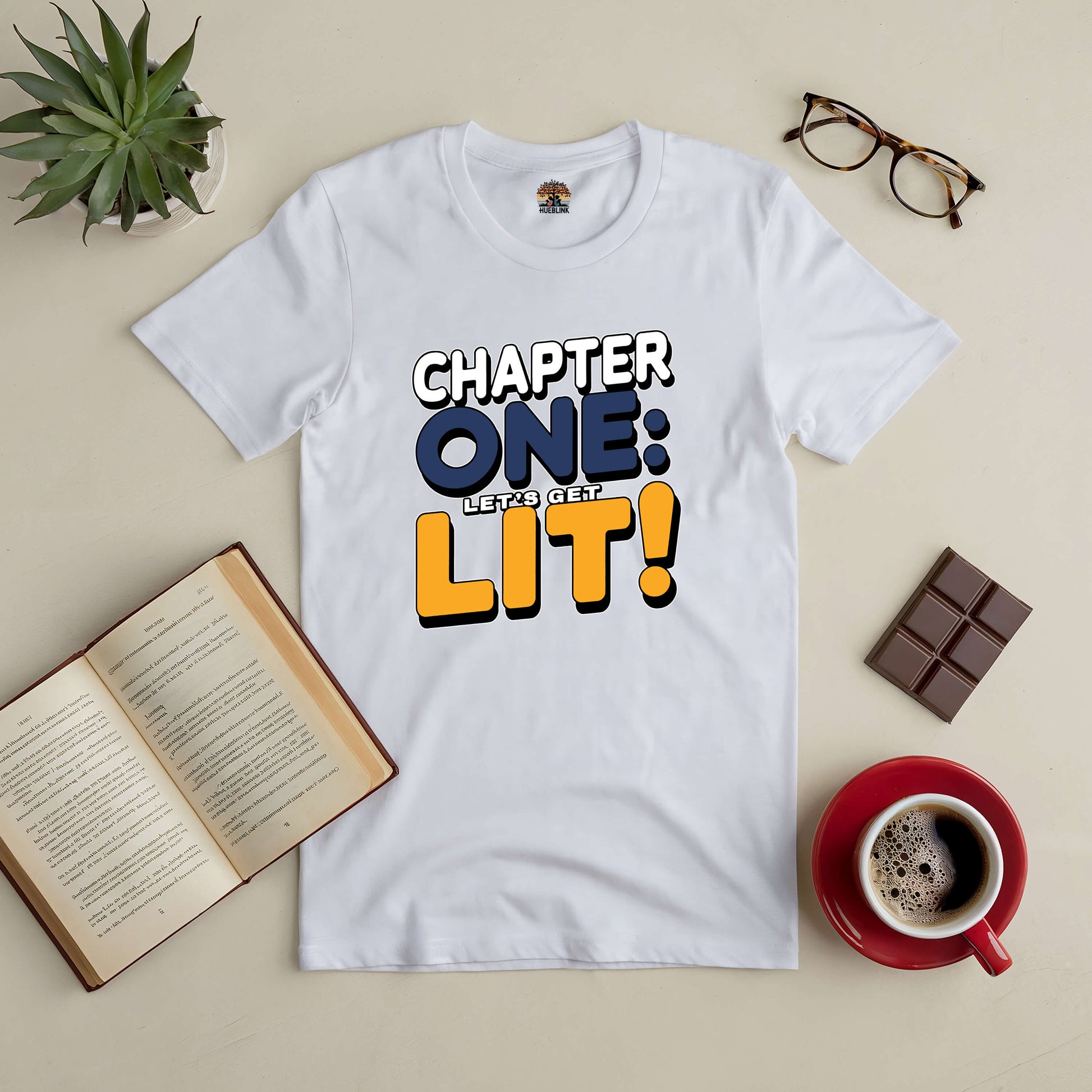 "Chapter One: Let's Get Lit! Tee for book lovers with coffee, chocolate, and open book on table"