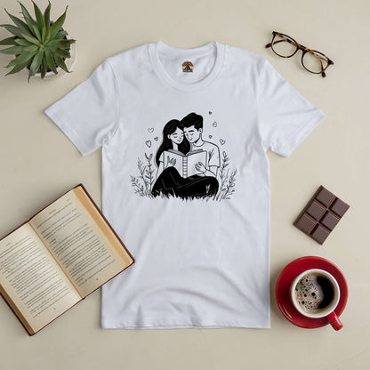 White "Chapter of Us" tee with an illustration of a couple reading, perfect for book lovers, surrounded by books, coffee, and chocolate.