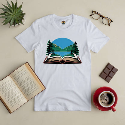 Book Your Escape Tee featuring an open book with a nature scene for adventure-loving readers and nature enthusiasts.