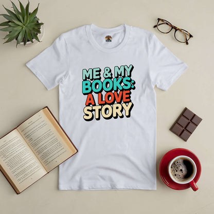 "Me & My Books: A Love Story Tee displayed with an open book, glasses, chocolate, coffee, and a plant on a beige surface"